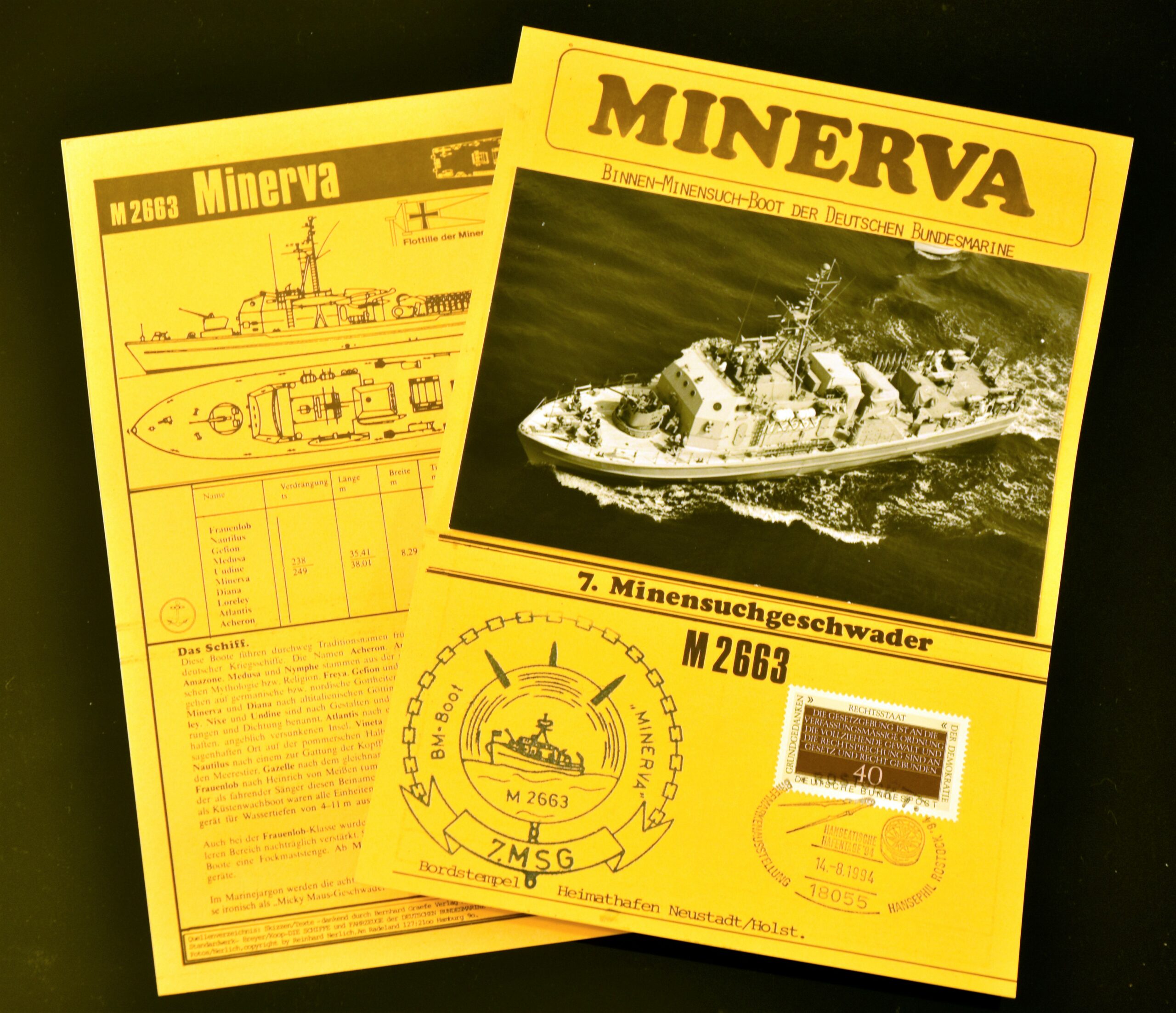 Wie wäre es mit Schiffsinformationen von der M 2663 „Minerva“ vom 7. Minensuchgeschwader mit einem Stempel vom 14.08.1994??